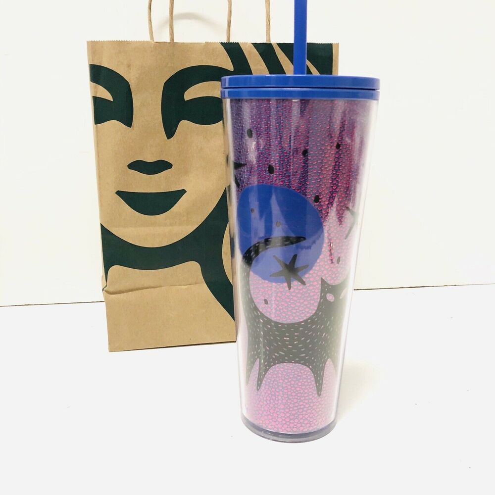 Starbucks Halloween Large Purple Holo Tumbler BLACK CAT 24oz Iced Coffee Mug